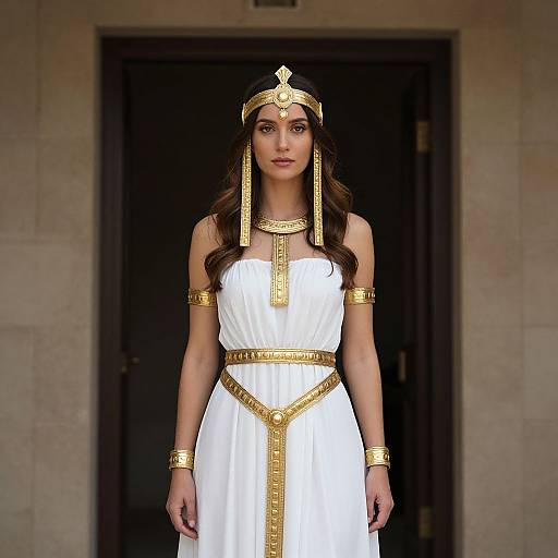 Photograph of a young woman with long brown hair, wearing a white Greek-style dress with gold accents, headpiece, and arm bands, standing in