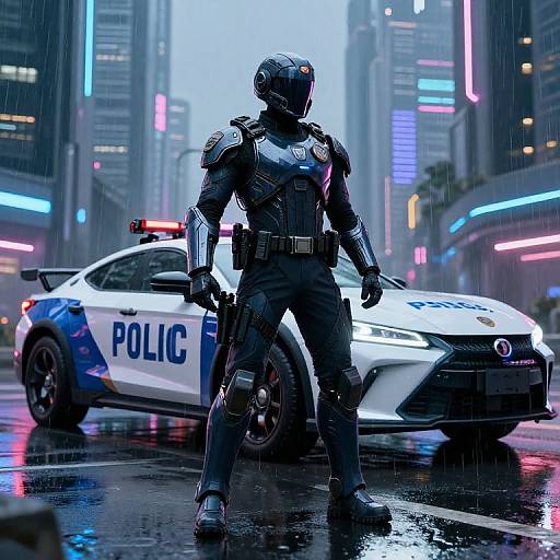 CGI image of a futuristic, armored police officer in rainy, neon-lit city, holding a gun, standing next to a police car.