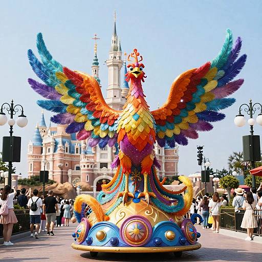 Vibrant, multi-colored phoenix statue with rainbow wings at Disney theme park, with castle in the background and crowds in the foreground. Photograph.