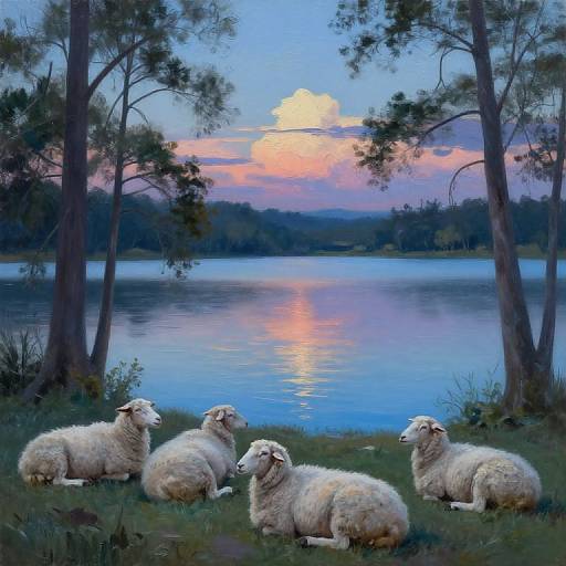 Photograph-style painting of four woolly sheep resting on grass by a serene lake at sunset, with trees framing the tranquil scene.