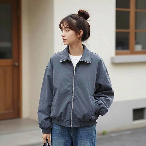 Young Woman in Blue Jacket and Jeans Outdoors