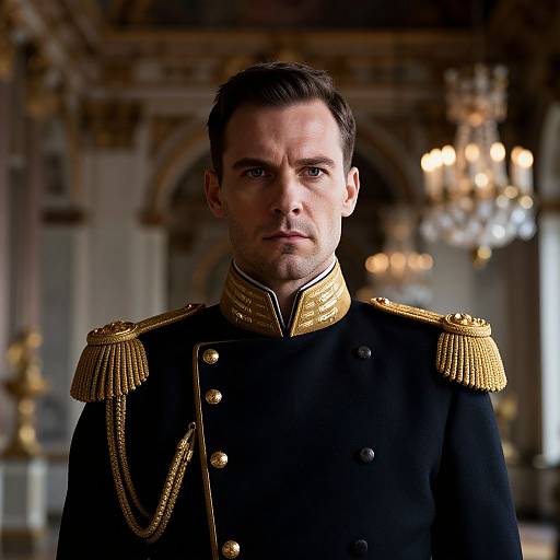 Photograph of a serious, dark-haired man in an ornate black military uniform with gold epaulettes, standing in a grand, dimly