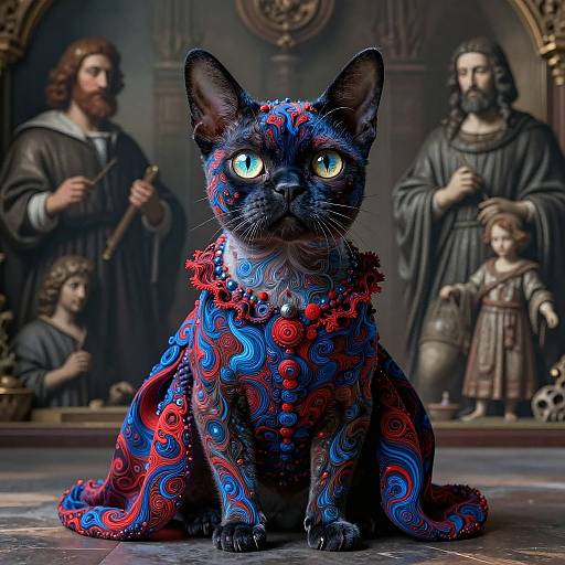 Digital artwork of a black cat with vibrant red and blue swirls, adorned with red flowers, sitting in a medieval hall with statues of Jesus and children