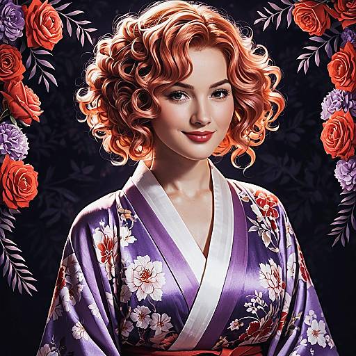 Anime-style Woman in Lavender Floral Kimono