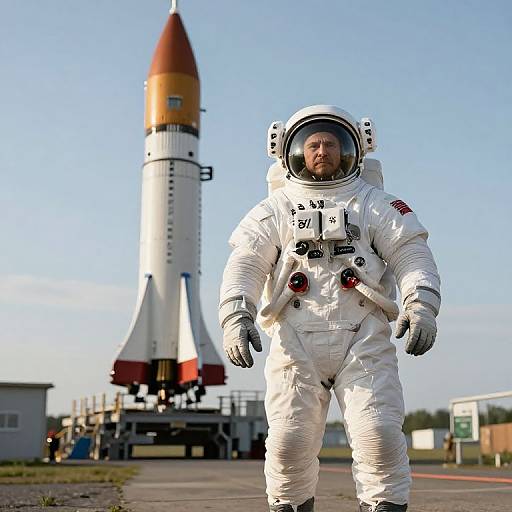Astronaut in Space Suit Near Soyuz Rocket