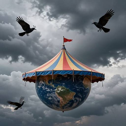 Gravity-Defying Circus Tent with Mechanical Crows