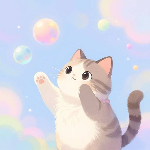 Adorable digital illustration of a fluffy, white and gray kitten with large eyes, reaching up towards colorful, glowing bubbles against a bright blue background.