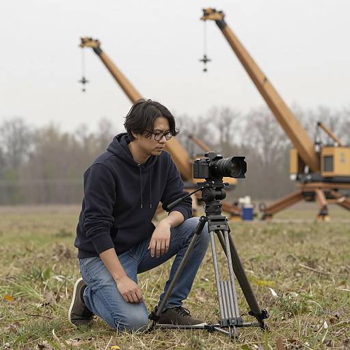 Focused Photographer in Grassy Field