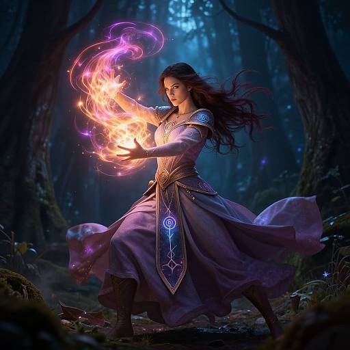 Digital fantasy artwork of a beautiful woman with long black hair, wearing a flowing purple dress, conjuring glowing, magical fire in a dark, enchanted forest