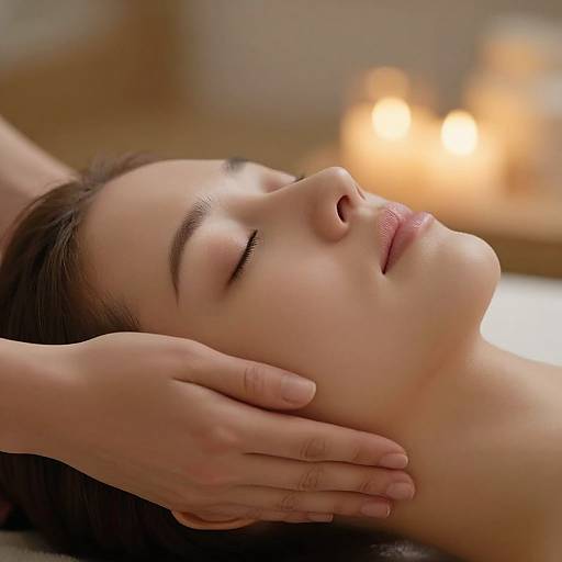 Photograph of a serene young woman with closed eyes, receiving a gentle facial massage, hands cradling her face, soft warm candlelight in the