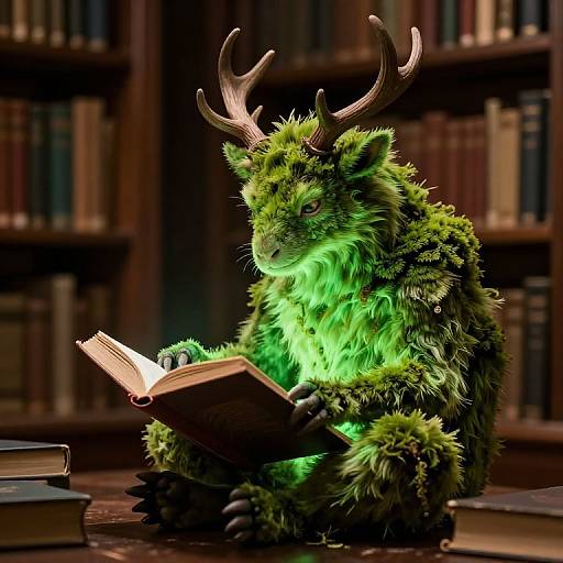 Digital artwork of a green, furry, antlered creature reading a glowing book in a dimly lit library with bookshelves.