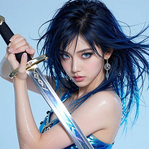 Vibrant Azure Girl with Sword