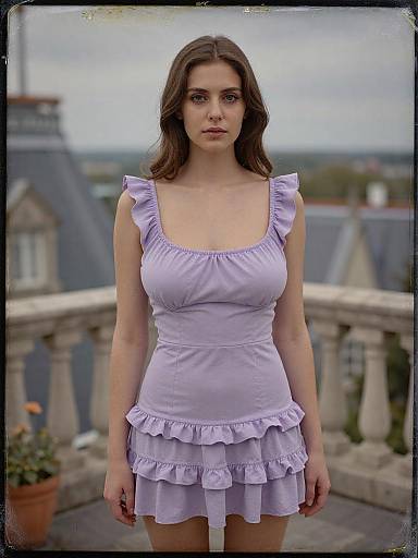 Photograph of a young woman with long brown hair, wearing a lavender ruffled dress, standing on a balcony with a cloudy sky and rooftops in