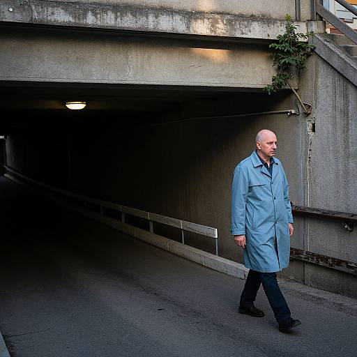 Photograph of a bald, middle-aged man in a blue trench coat walking under a concrete overpass with dim lighting and dark shadows.