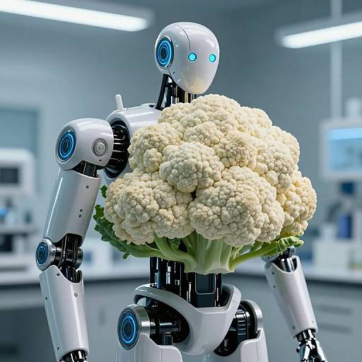 Photorealistic CGI of a white, blue-eyed humanoid robot holding a bouquet of white cauliflower in a modern, brightly lit kitchen.