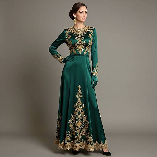 Photograph of a poised woman in a teal, long-sleeved, ornate embroidered traditional dress, gold embellishments, matching gloves, and dark