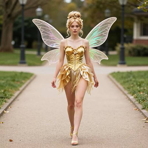 Golden Fairy Walking Down Walkway