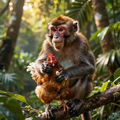 Photograph of a curious, red-faced monkey with brown fur, holding a red flower, perched on a branch in a sunlit, lush jungle