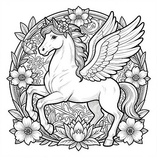 Black and white digital drawing of a stylized winged horse surrounded by intricate floral patterns, with detailed leaves and flowers.