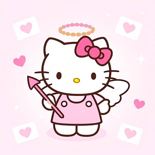 Cute digital drawing of Hello Kitty with a pink bow, halo, and pink dress, holding a pink arrow, surrounded by hearts.