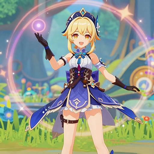 Digital anime-style illustration of a blonde, yellow-eyed female mage in a blue and white outfit, casting a glowing spell in a vibrant, fantasy forest.