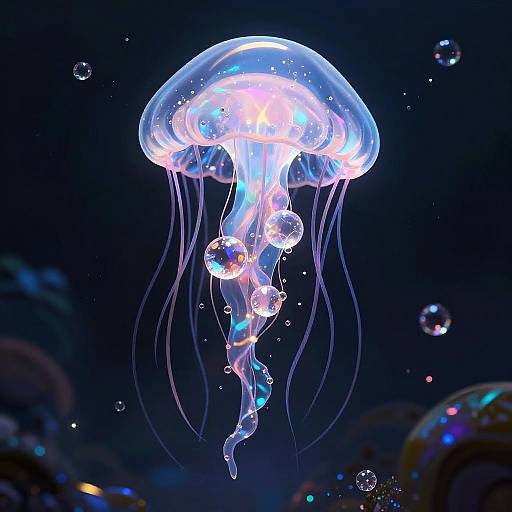 Photograph of a glowing, ethereal jellyfish with translucent, blue and white bell and long, flowing tentacles, surrounded by sparkling bubbles in a