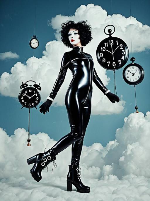 Surreal Mime in Latex Catsuit with Floating Clocks