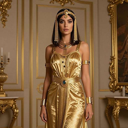 Photograph of a statuesque woman with dark hair, wearing an opulent golden dress and jewelry, standing in an ornate, gold-accented