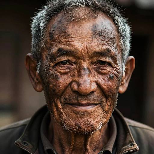 Close-up photograph of an elderly, weathered Asian man with graying hair, deep wrinkles, and a warm smile, wearing a brown jacket, against