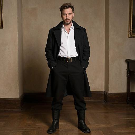 Photograph of a bearded man with dark hair, wearing a black coat, white shirt, black pants, and boots, standing confidently in a dim