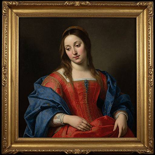 Baroque painting of a young woman with fair skin, brown hair, and pink cheeks, wearing a red dress and blue cloak, framed in an orn