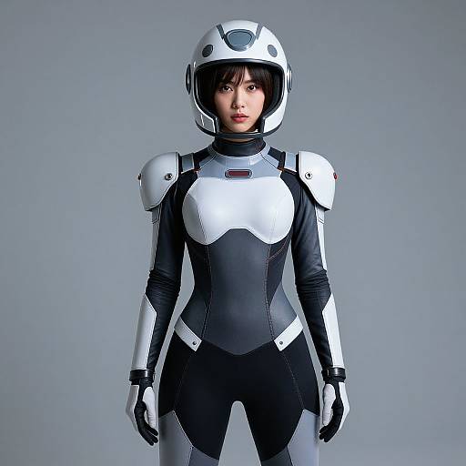 Digital CGI image of an Asian woman in a sleek, futuristic white and black armored suit with shoulder pads and a helmet. She stands against a gray background