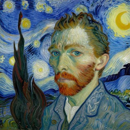 Digital oil painting of a bearded man with blue eyes, raised hand, against a vibrant Starry Night-style blue and yellow background.