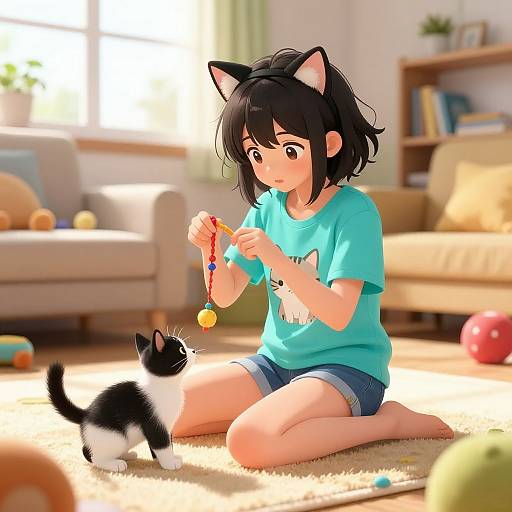 Digital anime-style artwork of a black-haired girl with cat ears, kneeling on a rug, playing with a black and white kitten using a colorful toy.