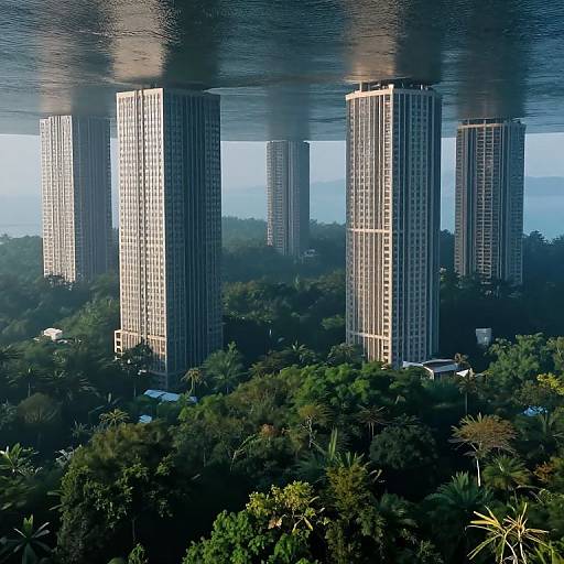 Photograph of four towering, white, rectangular skyscrapers emerging from lush green forest, partially submerged in water, with smoke rising from their roofs.