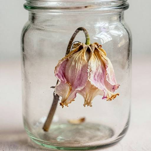 Photograph of a wilted, pink and brown flower with drooping petals inside a clear, round glass jar, set against a soft, white background