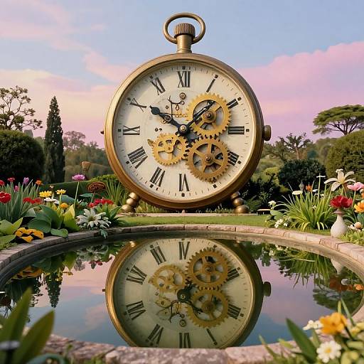 Photograph of a vintage, brass pocket watch with exposed gears, standing on a stone edge, reflecting in a circular garden pond, surrounded by colorful flowers