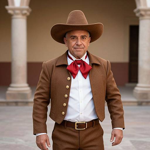 Photograph of an elderly man in a brown cowboy suit, white shirt, red bow tie, and brown hat, standing in front of a colonial-style