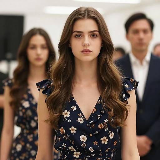 Photograph of a young woman with long brown hair, wearing a black floral dress, standing in front of two blurred people, with a white background.