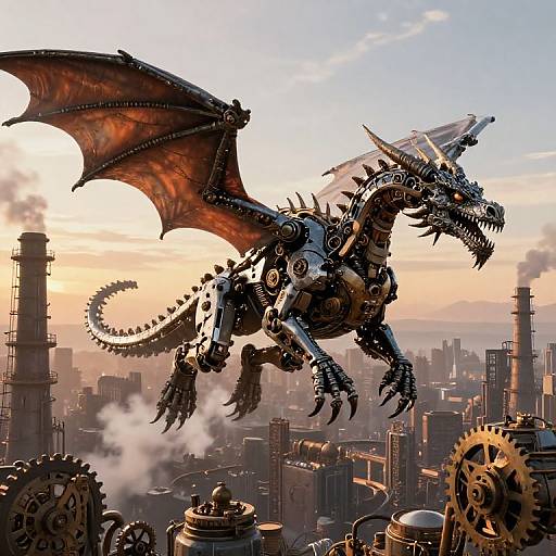 Steampunk Mechanical Dragon Over City