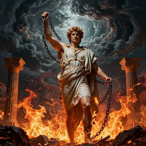 Digital art of a muscular, curly-haired male deity in white toga, standing in fiery inferno, holding chains, with stormy sky and burning