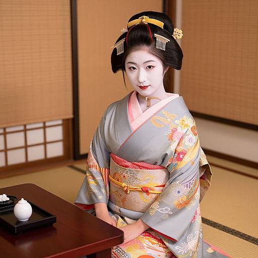 Photograph of a traditional Japanese woman in a gray kimono with colorful floral patterns, seated in a tatami-mat room, wearing an ornate