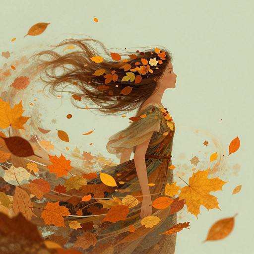 Digital artwork of a young woman with flowing brown hair, dressed in a green dress, surrounded by swirling orange autumn leaves.