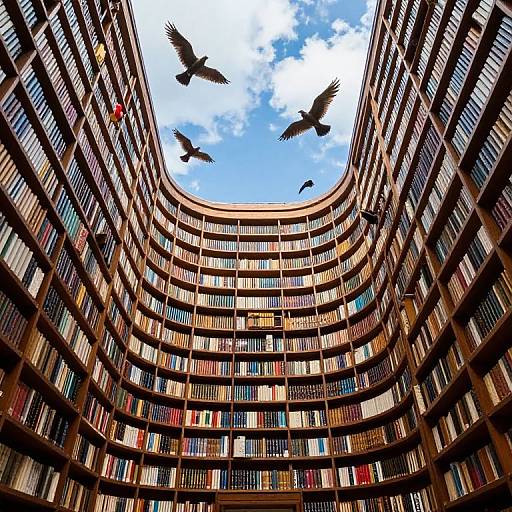 Photograph of a circular, multi-story library with wooden bookshelves, colorful books, and three birds flying in a blue sky.