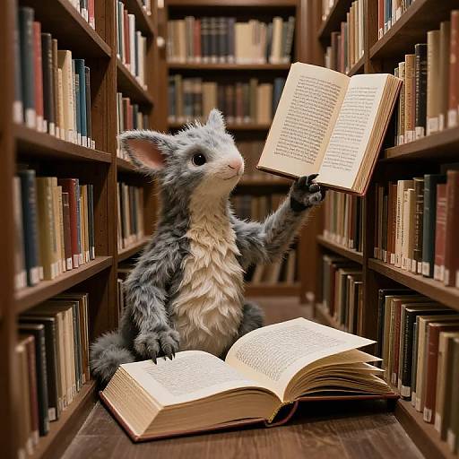 Photorealistic CGI: Fluffy, grey-and-white anthropomorphic mouse sitting between wooden bookshelves, holding an open book with one paw, with