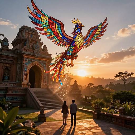 Photograph of a colorful, stained-glass phoenix soaring above a sunlit, ornate Balinese temple, with two silhouetted figures standing