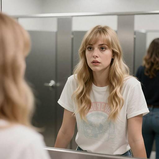 Intense Focus in a Stainless Steel Bathroom