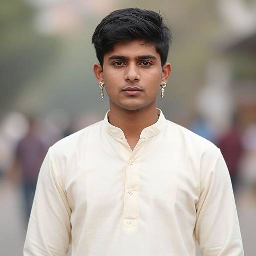 Photograph of a young South Asian man with dark hair, wearing a white traditional kurta, gold earrings, and standing in a blurred urban street background