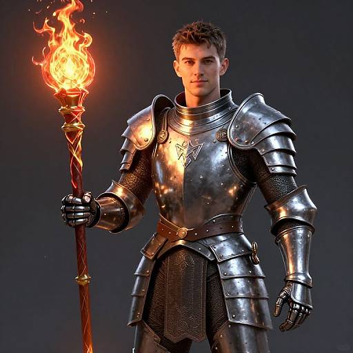 CGI image of a handsome, young man in shiny, silver medieval armor holding a flaming torch with a twisted red handle. Dark background.