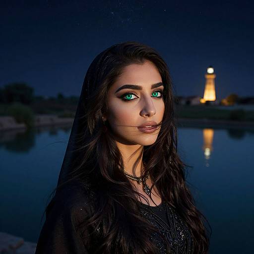 Photograph of a woman with long dark hair, green eyes, and glowing skin, wearing a black top, standing by a reflective nighttime lake with a